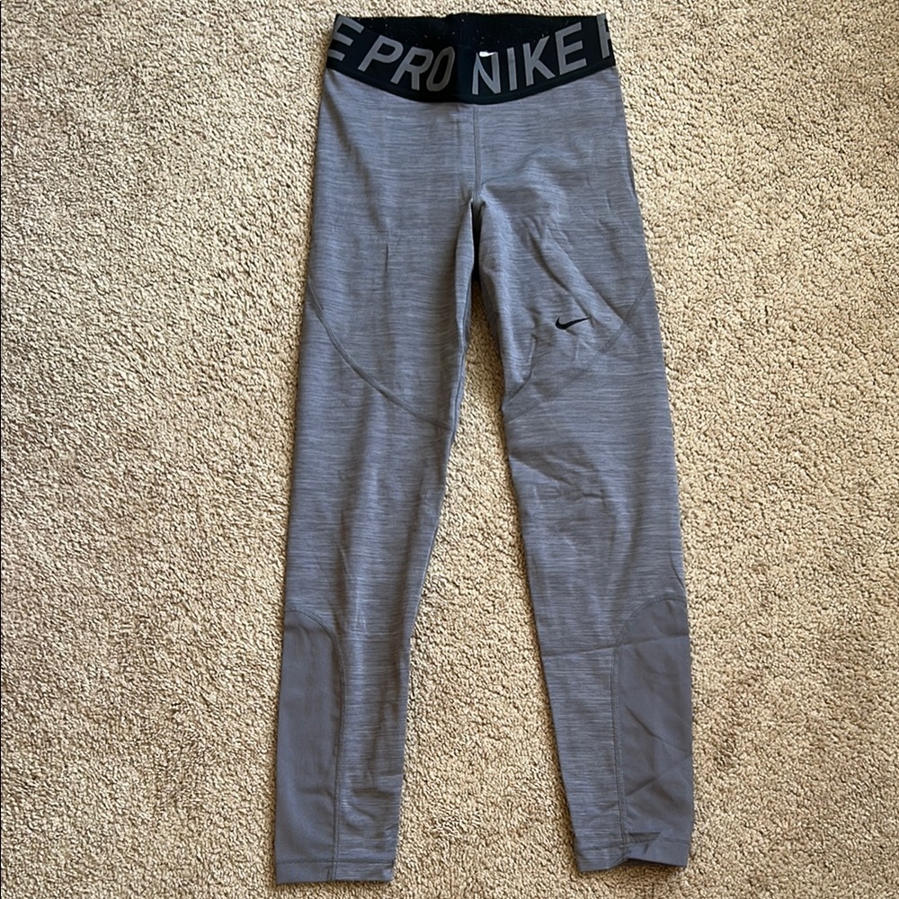 Nike Gray and Black Dri-Fit Leggings with Wide Waistband